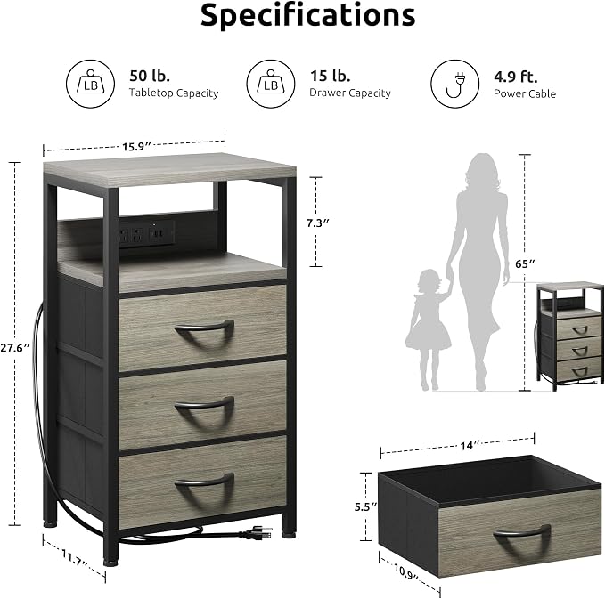 Lazzanto Night Stand with Charger Station, 3 Fabric Drawers, Grey - Image 3