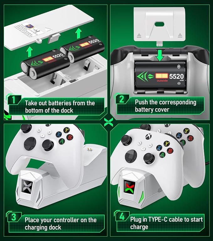 Controller Charger Station with 2x5520mWh Rechargeable Battery Packs for Xbox One/Series X|S,Dual Charging Dock for Xbox One Controller with 4 Battery Covers - Image 6