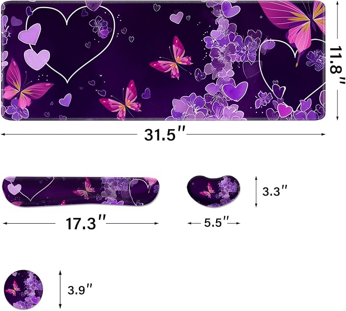 Desk Pad and Keyboard Wrist Rest, Large Mouse Pad + Keyboard Pad+Mouse Wrist Support, Non-Slip Desk Mat Protector for Office, Home 31.5×11.8 Inches Purple Butterfly - Image 3