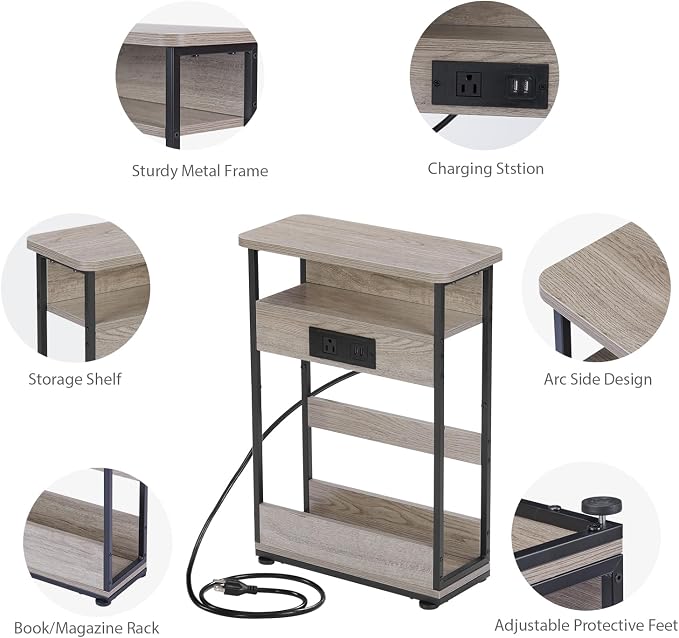 YEAKOO Narrow Side Table with Charging StationSmall Spaces Narrow End Table - Image 4