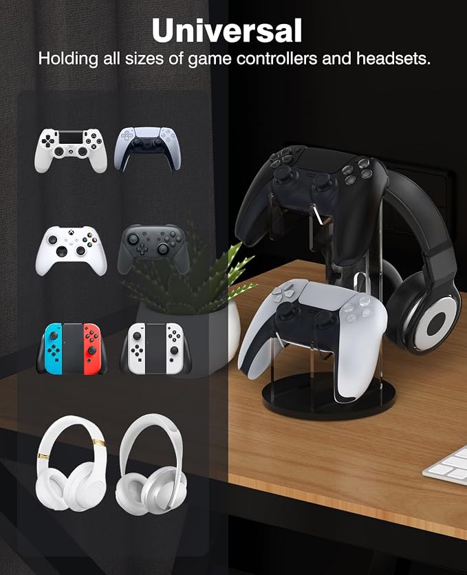 MoKo Universal Game Controller & Headset Stand, 2-in-1 Holder Acrylic | Premium acrylic, crystal clear. 2-in-1 for controller and headset. Non-slip base. Fits Switch, PS5, PS4, Xbox. - Image 2