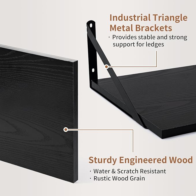 Axeman Deep Floating Shelves for Wall, 16W x 12D Black Floating Shelves Set of 2, 12 Inch Deep Large Wall Mounted Shelves for Living Room Bedroom Bathroom - Image 4