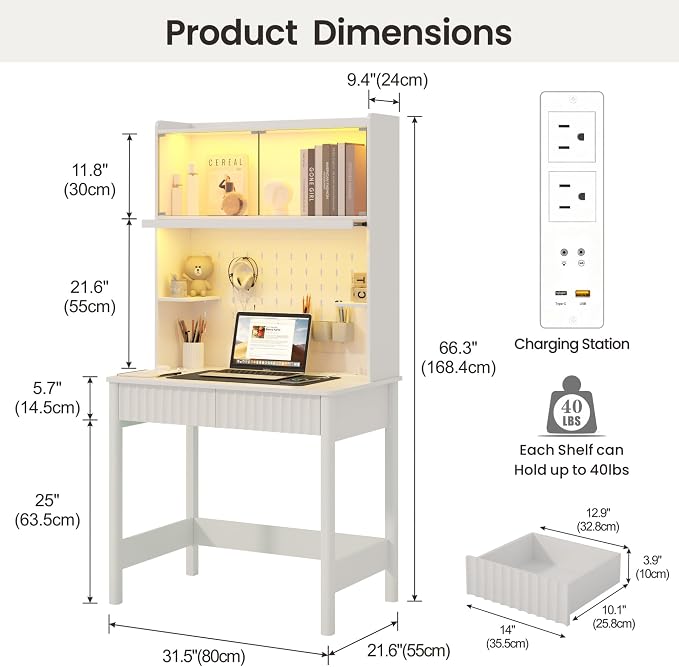 Lvifur 31.5" LEDStudy Desk with Drawer,Hutch,Reading Lights | Computer Desk with Charging Station,2 Drawer,Compact Writing Desks,Home Office Desks for Bedroom,White - Image 2
