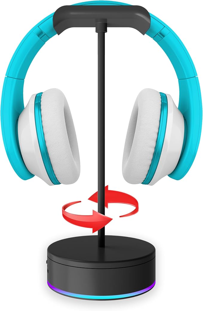 Rotating Headphone Display Stand for Desk with LED Lights - Spinning Gaming Headset Stand (Black) by X-Float