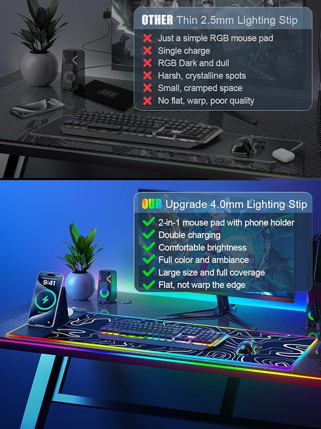 XXL Mouse Pad with Phone Holder - Black, RGB Desk Mat with 15W Fast Charging, LED Gaming Mousepad with 11 Light Colors, Waterproof Non-Slip Pad for Office & Home (Topographic) - Image 6