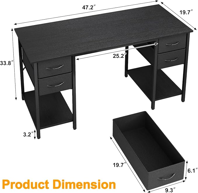 Grandder Computer Desk with 4 Drawers, 47 Inch Office Desk with Storage, Gaming Desk with CPU Shelves, Writing Desk Work Desk for Home Office, Study, Bedroom, Work from Home, Black - Image 3