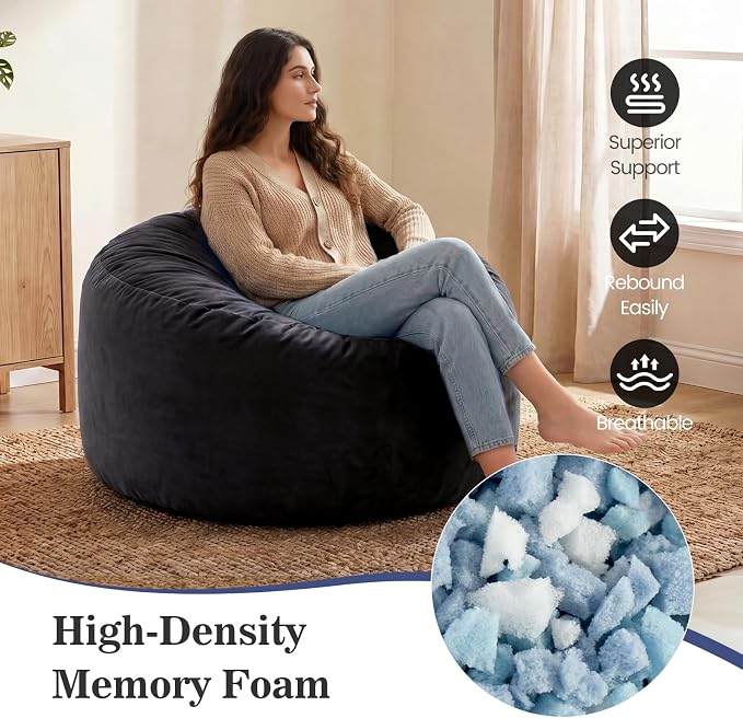 ACH Bean Bag Chair for Adults and Teens - 3ft Memory Foam Floor Chair, Perfect for Dorms, Gaming & Relaxing, Machine Washable Velvet Cover (Black-Medium) - Image 4