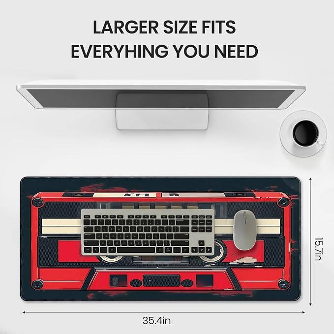 Retro Cassette Tape Design Mouse Pad, 35.4 x 15.7 Inches Gaming Desk Mat with Non-Slip Base for Home Office School Business - Image 4