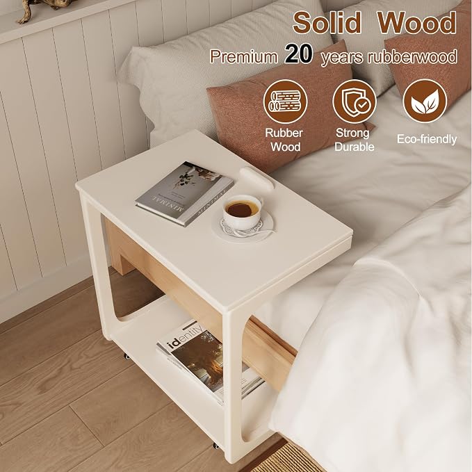 AQIMUELE Wooden C-Shaped End Table,Couch Table with Adjustable Desktop,Small Rolling Side Table with 2 Lockable Wheels 23.6" Width,Small End Table for Couch, Living Room,Bedroom (White) - Image 7