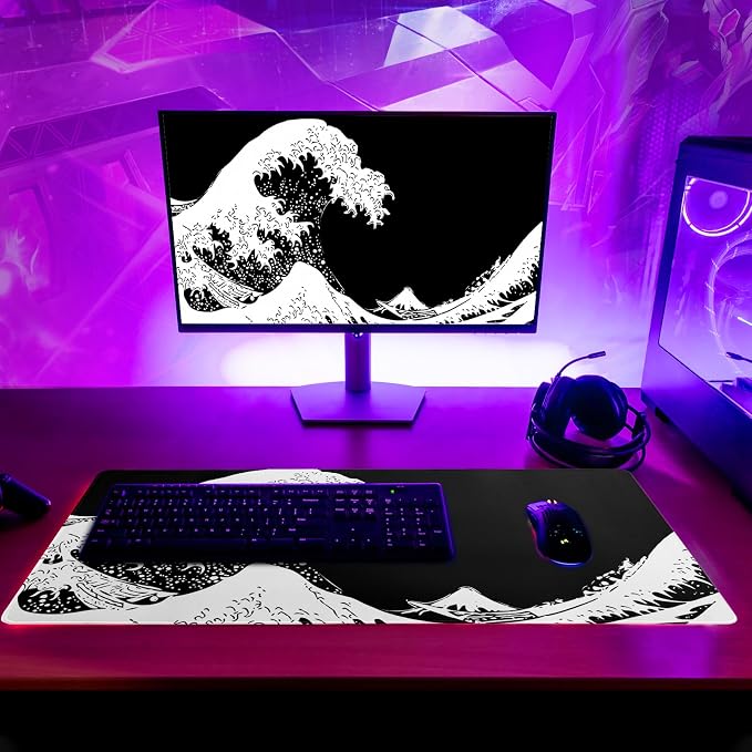 Japanese Sea Wave Large Mouse Pad, Abstract Black Gaming Mousepad, Extended Kanagawa Mat Desk Pad, 3mm Thick Long Non-Slip Rubber Base Mice Pad for Office and Home, 27.6x11.8 Inch - Image 6