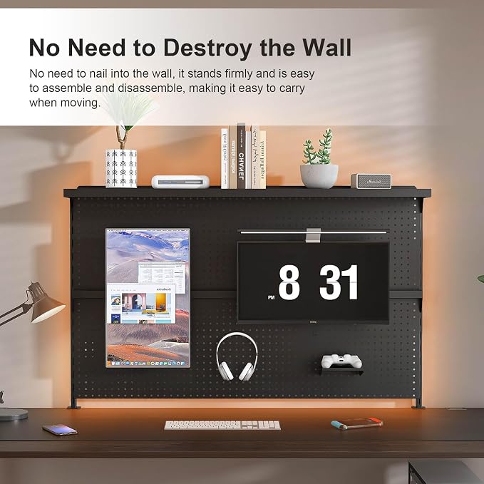 Majnesvon Clamp On Pegboard-Metal Office Pegboard Organizer with Monitor Stand, Peg Board Gaming for Desk with Hooks & Movable Partition, Office Storage Shelf for Workstation Setup (Black 59x35 Inch) - Image 5