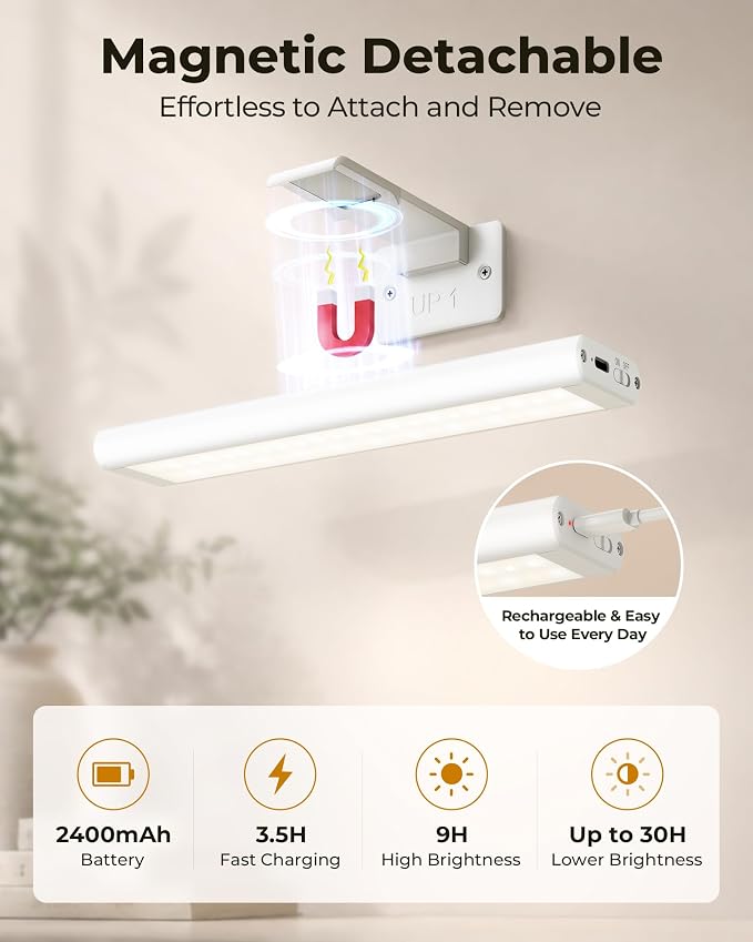 EZVALO Picture Light for Wall, Rechargeable 2400mAh Lights Wireless with IR Remote, 3 Color & Dimmable Magnetic 7.87'' LED Lights Display for Painting, Living Room, Gallery, Bedroom Art(White-2P) - Image 8