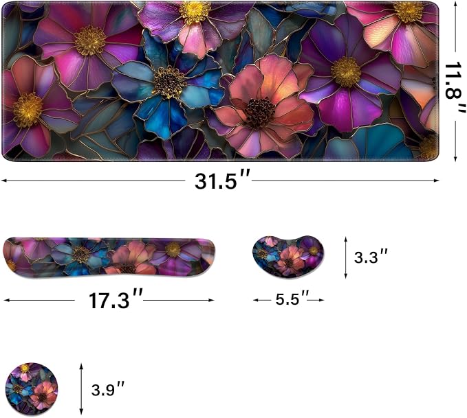 Desk Pad and Keyboard Wrist Rest, Large Mouse Pad + Keyboard Pad+Mouse Wrist Support, Non-Slip Desk Mat Protector for Office, Home 31.5×11.8 Inches Glass Flower - Image 2