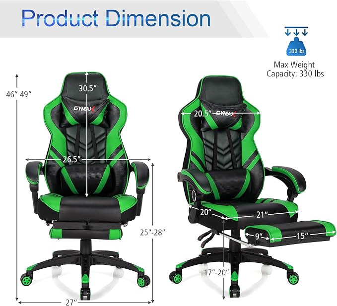GYMAX Gaming Chair, Ergonomic Computer Chair with Footrest, Linkage Armrests & Lumbar Cushion, Big Wide High Back Video Gaming Chair, Reclining Office Rolling Chair for Adult/Teens (Green) - Image 3
