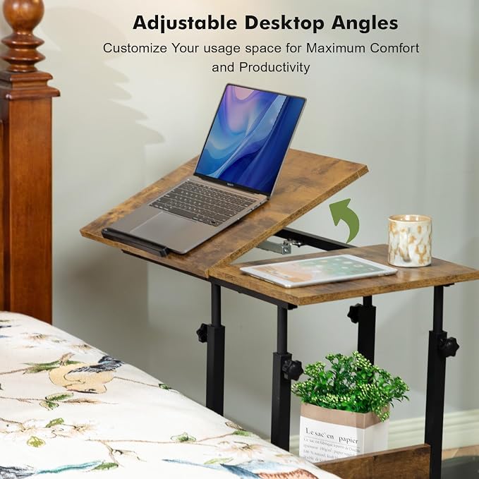 Hadulcet Adjustable C Table with Charging Station, Tiltable Desk C Shaped End Table for Couch, Over Bed Table with Wheels Adjustable Height, Hospital Table Laptop Stand Drawing Desk, Rustic Brown - Image 8