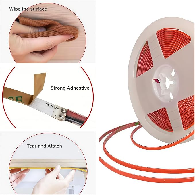 Ultra-Narrow 3mm USB-C COB LED Strip Lights Self-Adhesive, for Kitchen Cabinets, Bedroom, Gaming Desk (Red, 4ft) - Image 2
