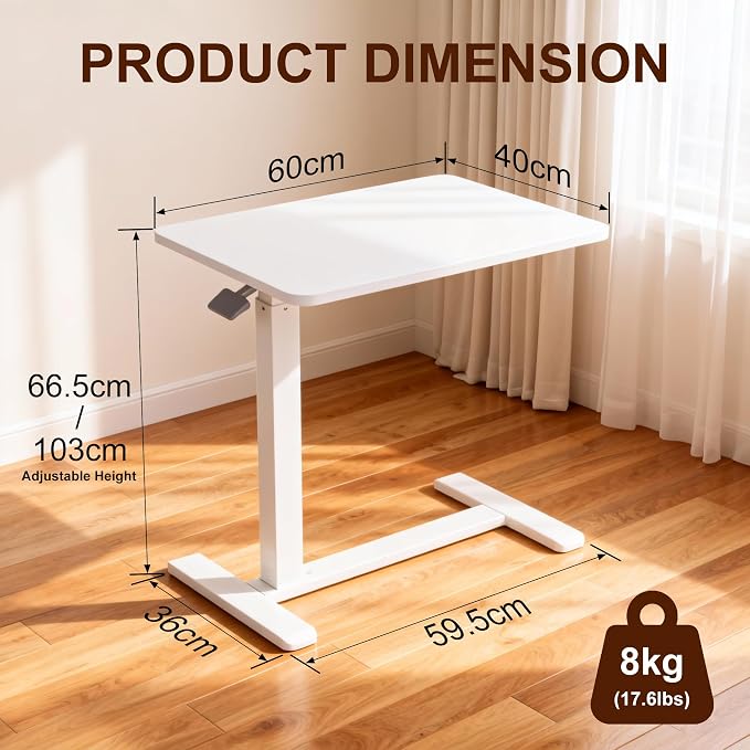 Overbed Table with Pneumatic Height Adjustment, Hidden Casters Rolling Bedside Table, Hospital Bed Table Mobile Laptop Standing Desk for Hospital Home Use, White - Image 9