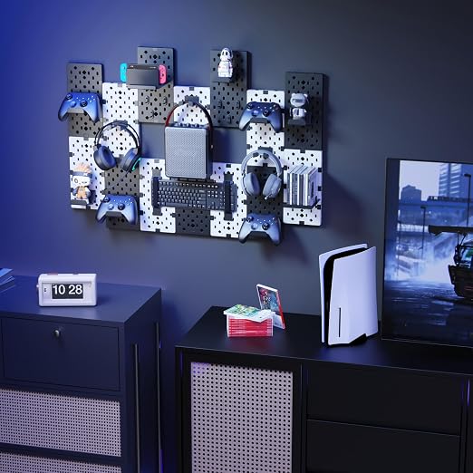PEGZONE Controller and Headphone Holder Wall Mount, 14pcs, Black & White | Modular Gaming Pegboard with Accessories, Controller Stand, Disc Shelf Organizer - Image 8