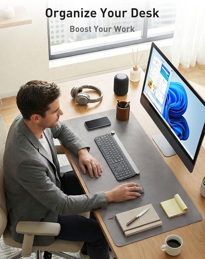 Aothia Faux Leather Desk Mat - Non-Slip PU Leather Desk Blotter, Waterproof Writing Surface, Large Desk Pad for Office & Home (Light Grey, 55" x 17") - Image 3