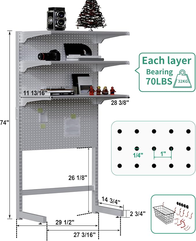 JWX DDB Standing Pegboard Shelf Unit, 30'' White Home Office shlef cabinets with Metal Pegboard and 15 Pieces Organizer Tool Holders - Image 3