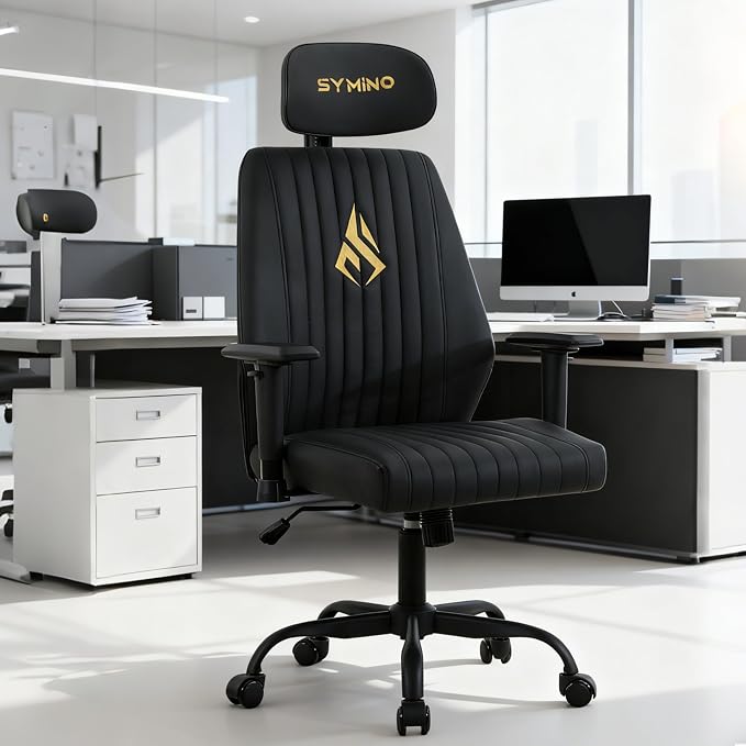 Symino Office Chair Ergonomic with 109° Rocking Function, Premium PU Leather, Integrated Lumbar Support, Adjustable Headrest & Armrests, Swivel Desk Chair - Image 2