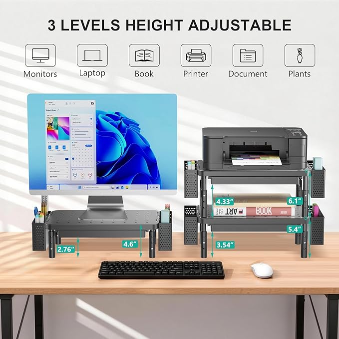 WALI Computer Monitor Stand with Storage and Pen Holder | 3 Height Adjustable Desk Organizer with Drawer, Laptop Monitor Riser for Computer, Laptop, Printer(PTT003-B), 1 Pack, Black - Image 2