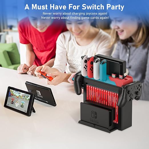 Switch Game Storage with Controller Charger for Nintendo Switch & OLED Model, Switch Charging Dock Charges 6 Joycons, Switch Gaming Accessories Holder Desk, Switch Game Gift Card Organizer (Red＆Blue) - Image 6