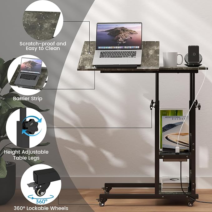 Hadulcet Adjustable C Table with Charging Station, Tiltable Desk C Shaped End Table for Couch, Over Bed Table with Wheels Adjustable Height, Laptop Stand Drawing Desk, Marble Grey - Image 9