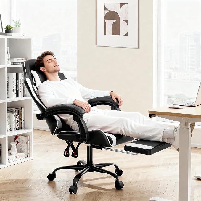 MoNiBloom Gaming Chair, Footrest & Lumbar Support, Height Adjust, White | Headrest & Lumbar Support, Ergonomic Computer chair, for Adult Teen Office or Gaming,Swivel game chair, leather gaming chair - Image 4