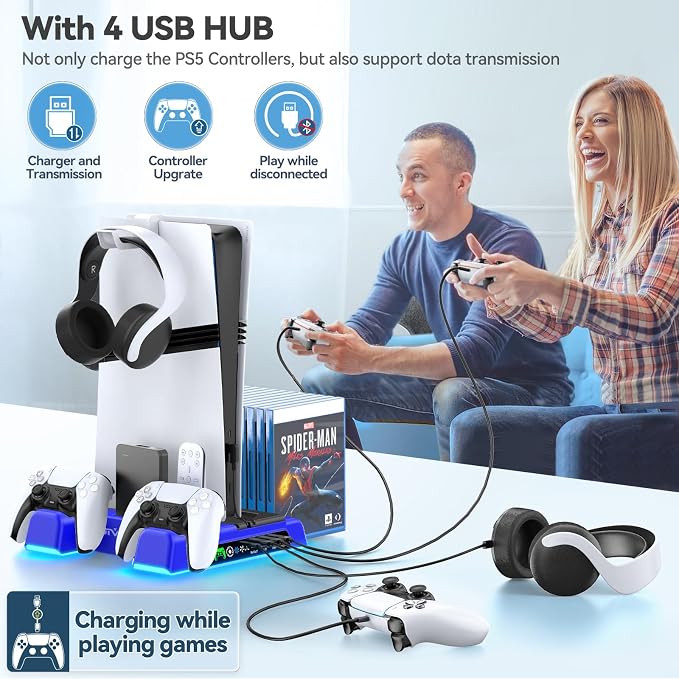 PS5/Slim/Pro Stand and Cooling Station with LED Controller Charging Station for PlayStation 5 Console, Controller Charger, Cooling Stand, PS5/Slim/Pro Skin Accessories Kit with 3 Level Cooler Fan - Image 7