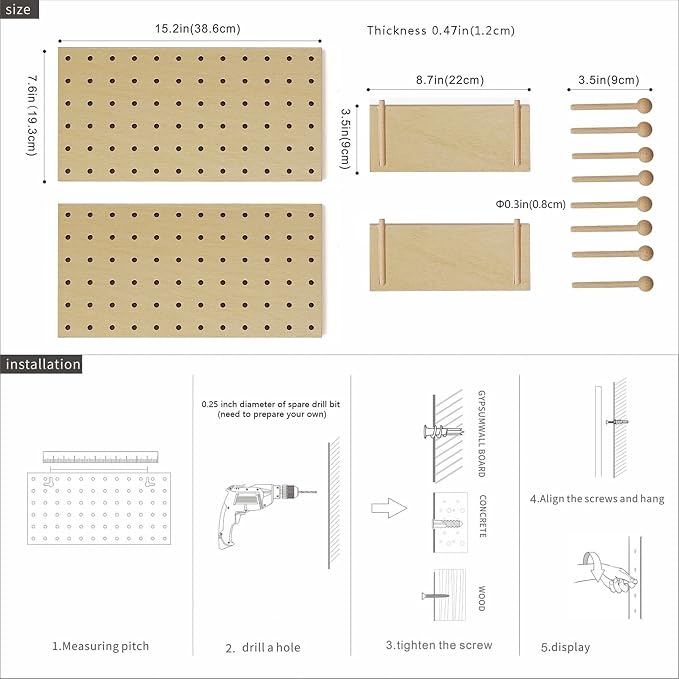 Wooden Pegboard Modular Display Organization Storage Wall Hooks Shelf (Birch Colored Finish-B) - Image 7