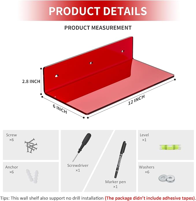Sezanrpt 12 Inches Red Small Wall Shelves, Acrylic Bathroom Floating Shelves for Living Room, Bathroom, Bedroom, 2 Pack - Image 2