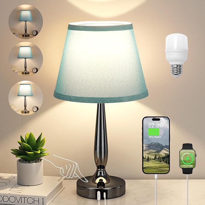 Touch Bedside Lamp for Bedroom with USB C Port, Small Touch Table Lamp with 2 USB Charging Ports, 3 Way Dimmable Nightstand Lamp for Living Room and Office - Turquoise Blue (LED Bulb Included) by KakanuoLightings