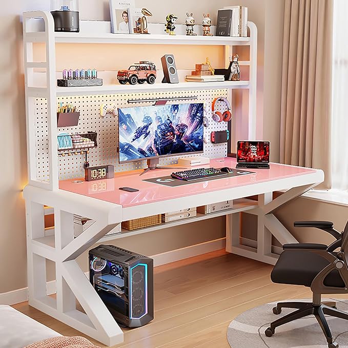 Gaming Desk with Pegboard and Storage Shelves,Tempered Glass Computer Desk Workspace,Modern Writing Study Table Gaming Table with Metal Frame for Home Office(120x60x165cm(47x24x65inch), E) by Unknown