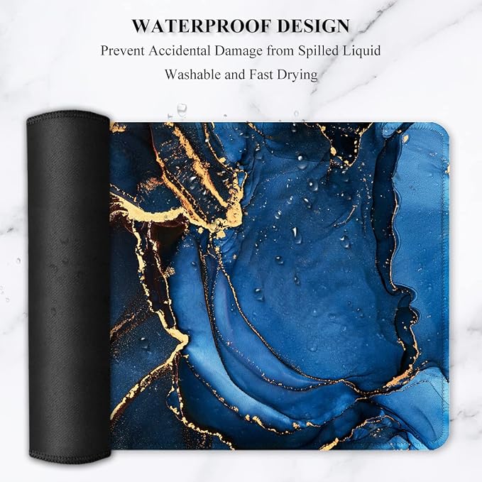 Auhoahsil Large Mouse Pad, XXL Desk Pad, Extened 35" x 15", Non-Slip Rubber Base, Stitched Edges, Superior Surface, Waterproof Keyboard Mat, Large Mousepad for Gamer, Office & Home, Dark Blue Marble - Image 6
