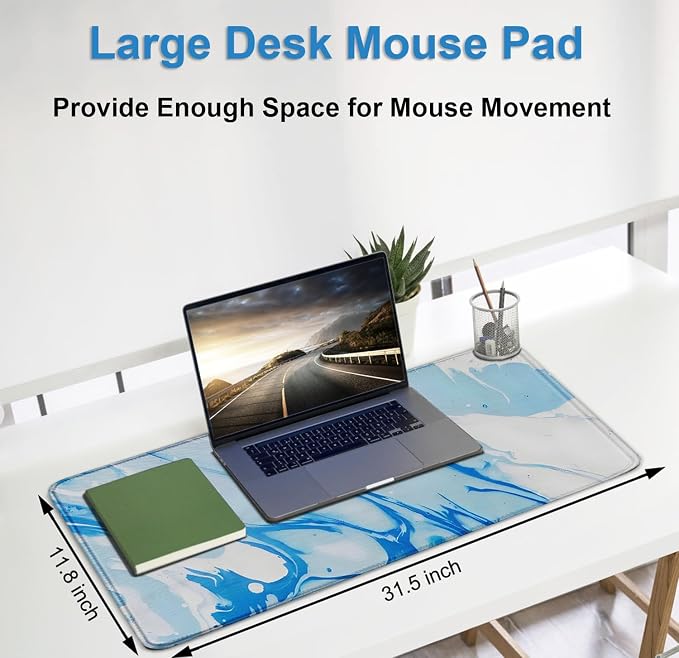 Extra Large Gaming Mouse Pad 31.5 x 11.8 in, Waterproof Mousepad with Stitched Edges, Premium Microfiber Cloth Surface, Non-Slip Base Keyboard Desk Mat for Home Office Gaming, Marble Blue White - Image 5