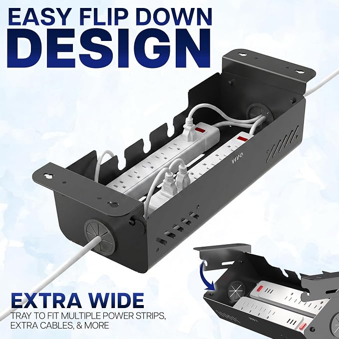 VIVO 19 inch Screw-On Under Desk Cable Management Box with Flip-Open Lid, Easy-to-Open Steel Cord and Power Strip Organizer, Cable Organizer Tray, 11lbs Capacity, Black, DESK-ACMB20-S - Image 5