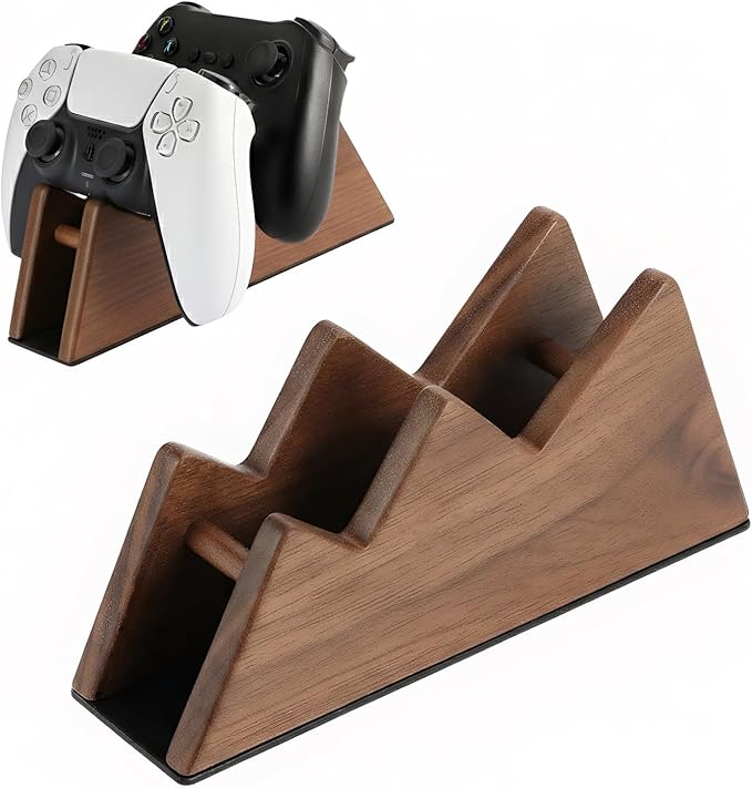 Solid Wood Controller Stand Dual Gaming Controller Holder for Desk | Fits Xbox Series X/S, Xbox One, PS5, Switch Pro - Gamer Gift for Men Desk Accessories Walnut by Sakulaya