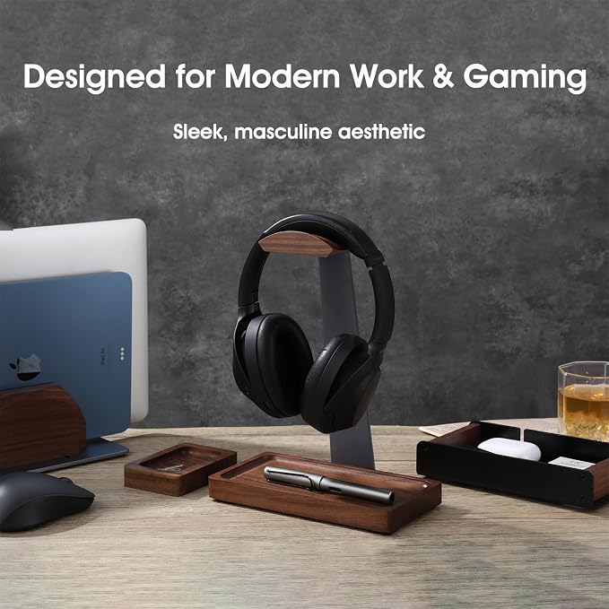Walnut Headphone Stand, Wood Headset Holder for Desk with Storage | Wooden Gaming Headphone Holder for AirPods Max, Bose, Sennheiser, Razer/Jabra/JBL/AKG , Storage Tray, Vintage Gift for Men - Image 6