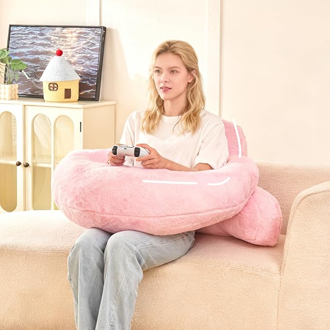 17" Reading Pillow for Bed,U Shaped Arm & Elbow Support,Pink Faux Fur | Backrest Supports Back,U Shaped Lap Pillow Cushions Arms,Elbows & Wrists,Plush Faux Fur for Reading,Gaming,Watching TV by PAJEO