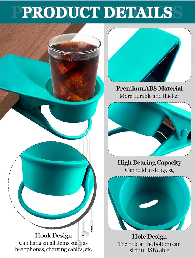 2PCS Clip on Cup Holder for Chair, Kalolary Desk Drink Holder Clamp, Blue - Image 3