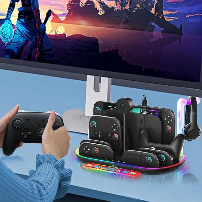 Charging Station for Switch 2 with Cooling Fan DOBEWINGDELOU Controller Charger for JoyCons and Pro Dock Stand with RGB Light 2 USB Ports 7 Game Card Slots LED Indicators - Image 7