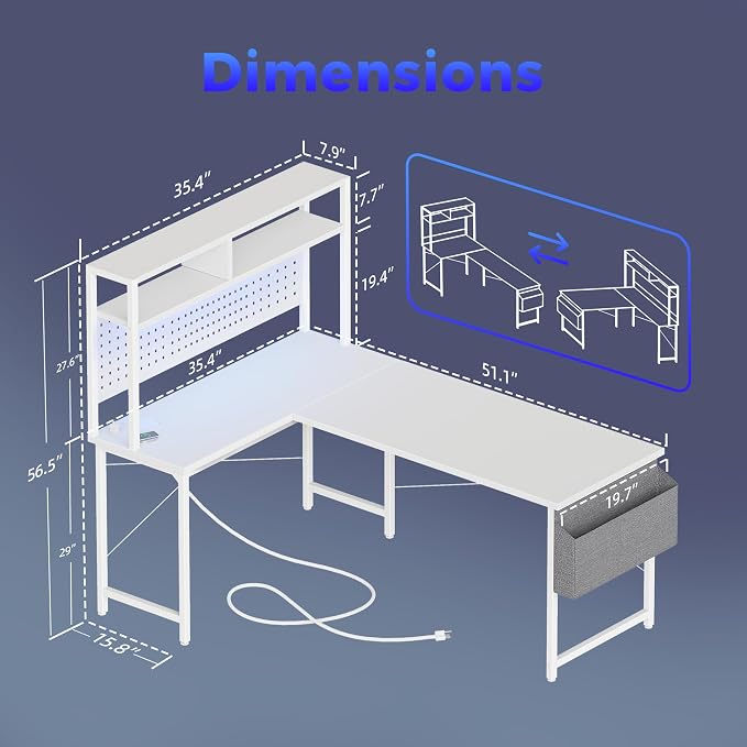 Mericonia 51 in L Shaped Desk with Pegboard, Reversible Corner Gaming Desk | Large Computer Desk with Hutch, Power Outlets, LED Light & Storage Bag, Office Table for Home Bedroom Study Work Writing - Image 2