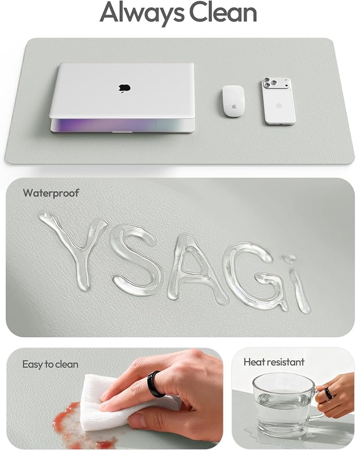 YSAGi Leather Desk Protector, Office Mat, Large Mouse Mat, Non-Slip PU Leather Blotter, Laptop Desk, Waterproof Writing Pad for Office and Home (Light Grey, 31.5" x 15.8") - Image 8