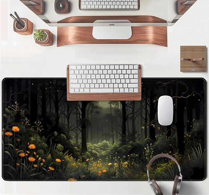 Dark Forest Desk Mat Mouse pad, Green Nature Deskmat XXL Large Extended Aesthetic Plant Mousepad Gaming Desk Pad, Big Laptop Computer Keyboard and Mouse Mat for Women Office Desk Decor 31.5x15.7 in - Image 4
