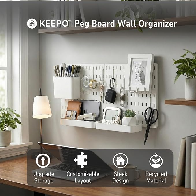Keepo Peg Board Wall Organizer – Plastic Pegboard Panels, Modular Peg Board Storage System For Home Office, Craft Room, Gaming Setup (White, 22″×11″) - Image 2
