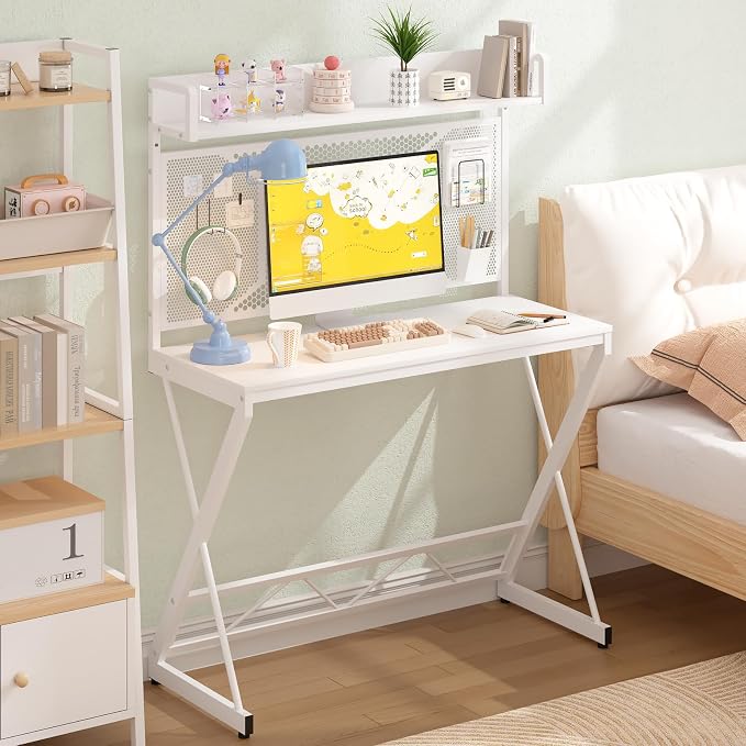 Elephance Small Gaming Desk with Pegboard, 39 Inch Computer Desk with Storage Shelves, Modern Office Desk for Study Work Home Office, Small Spaces, White - Image 4