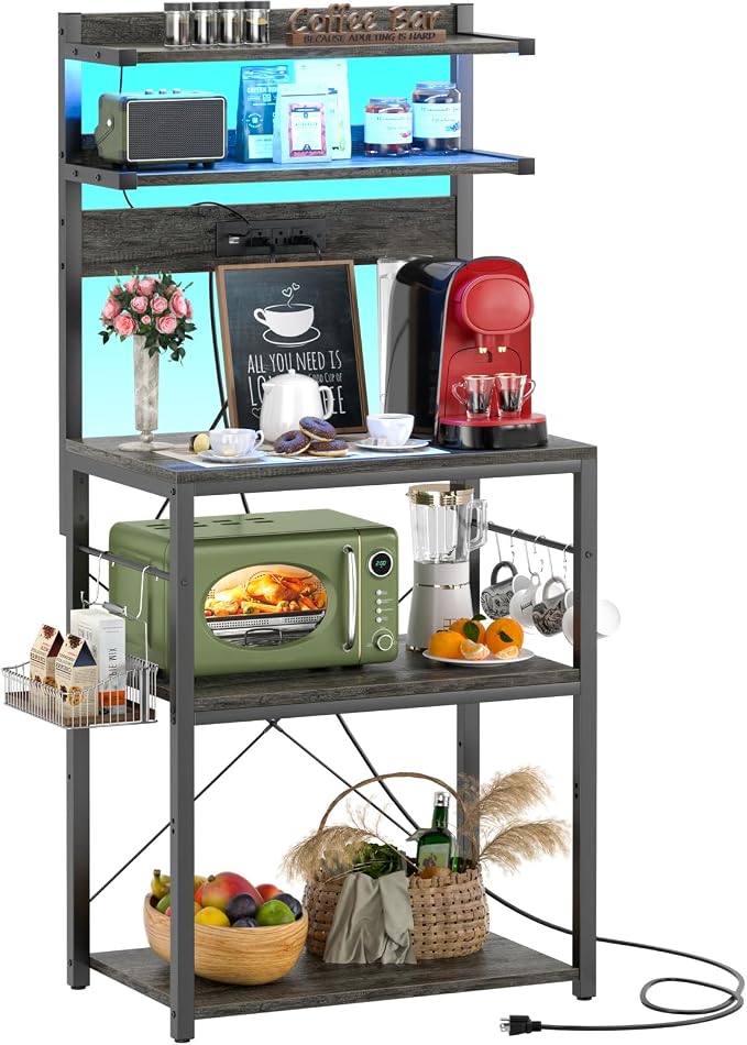 Aheaplus Bakers Rack with Power Outlet & RGB LED, 5-Tiers Coffee Bar Table by Aheaplus