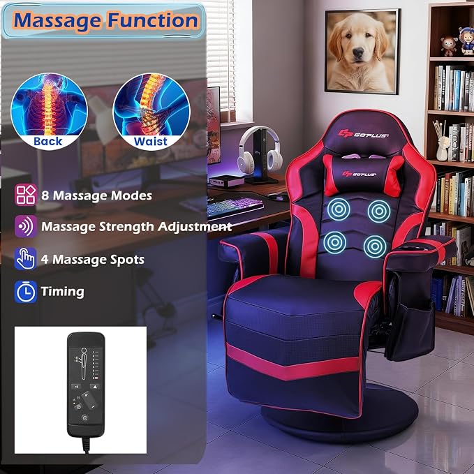 POWERSTONE Gaming Recliner, Adjustable Massage Gaming Chair with Cup Holder Footrest Ergonomic Single Sofa Living Room Home Theater Seating with Side Pouch (Red) - Image 6