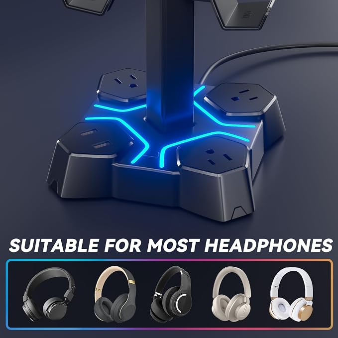 KDD Headphone Stand with USB Charger, Controller Stand for Desk, Headphone Holder with 2 USB Charging Ports and 3 AC Outlets, Accessories for Desktop(Black) - Image 5